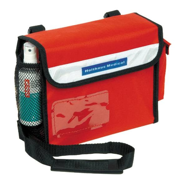 Alt-Text (Deutsch):  
Leere Erste Hilfe-Tasche von Holthaus Medical in Rot mit Schultergurt.