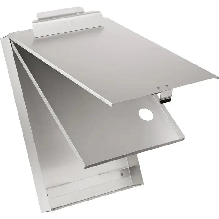 Alt-Text (Deutsch): Robustes Aluminium-Klemmbrett mit Aufbewahrungsfach