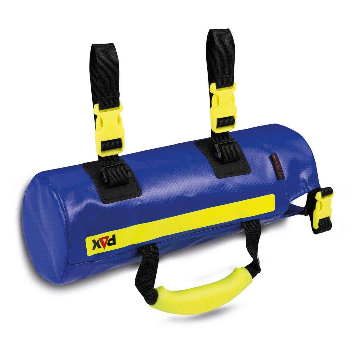Alt-Text (Deutsch):  
Robuste Sauerstofftasche in Blau-Gelb mit Tragegriff und Gurtsystem.
