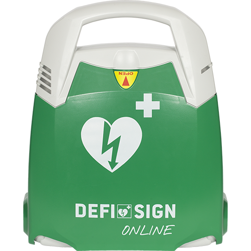 Alt-Text (Deutsch):  
DefiSign Defibrillator ONLINE in Grün mit Herzsymbol und Pluszeichen.