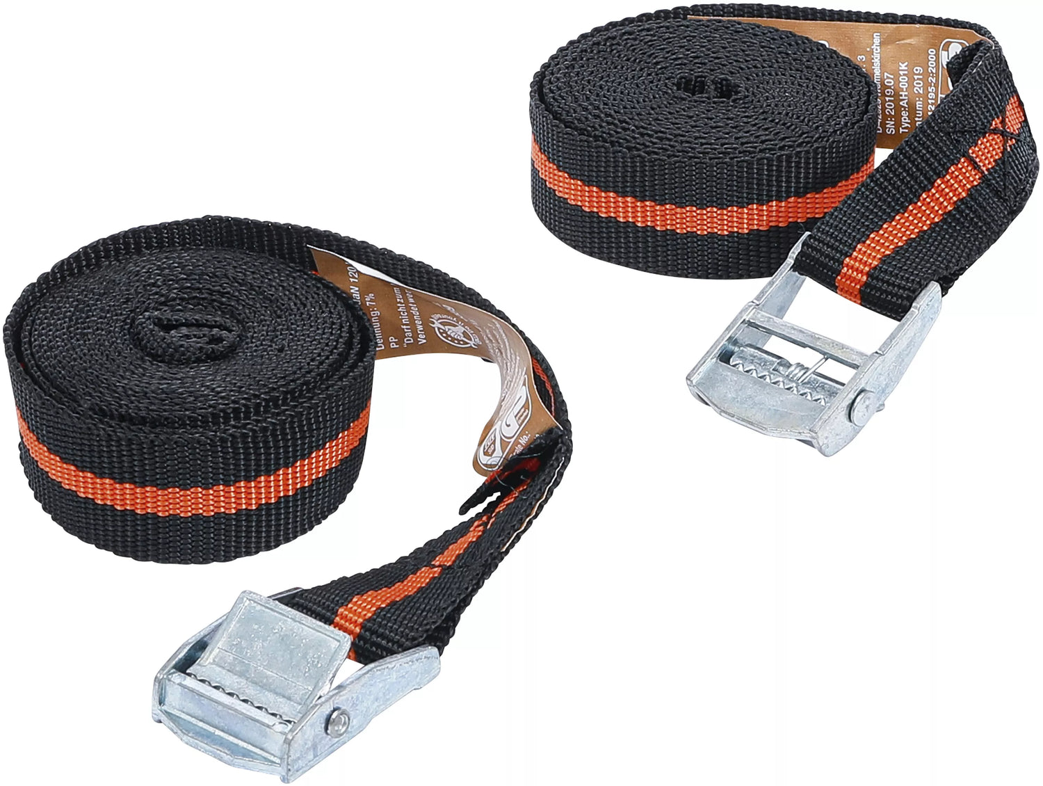 Alt-Text (Deutsch):  
Zurrgurte 25 mm mit Klemmschloss, schwarz-orange, robust und sicher.