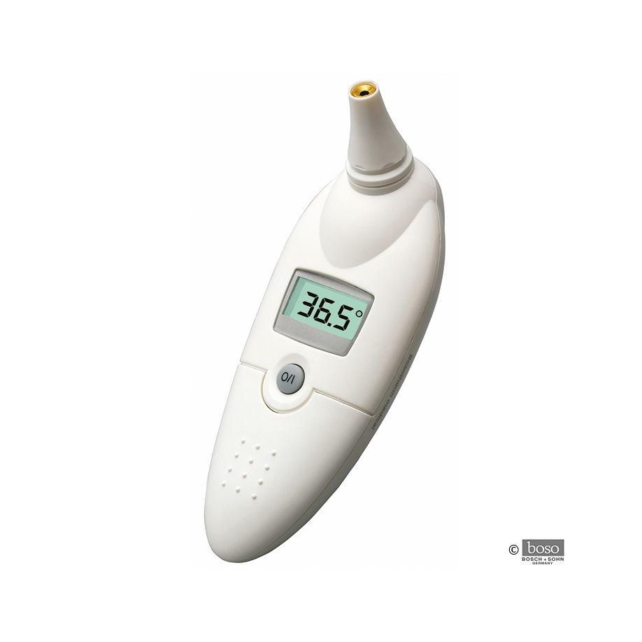 Alt-Text (Deutsch):  
Digitales Infrarot-Fieberthermometer mit Displayanzeige 36,5°C.