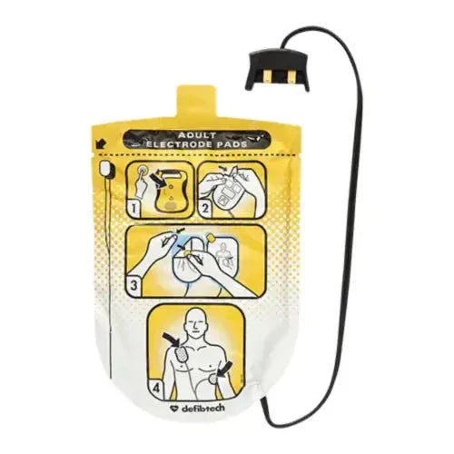 Alt-Text (Deutsch):  
Defibtech AED Elektroden für Erwachsene mit Anleitung zur Anwendung.