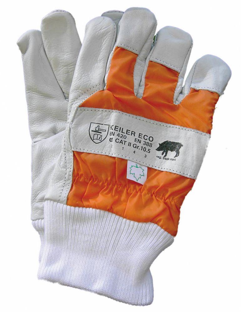 Alt-Text (Deutsch):  
Schnittfeste Kettensägen Handschuhe Keiler Eco mit Leder und Schutzfutter.