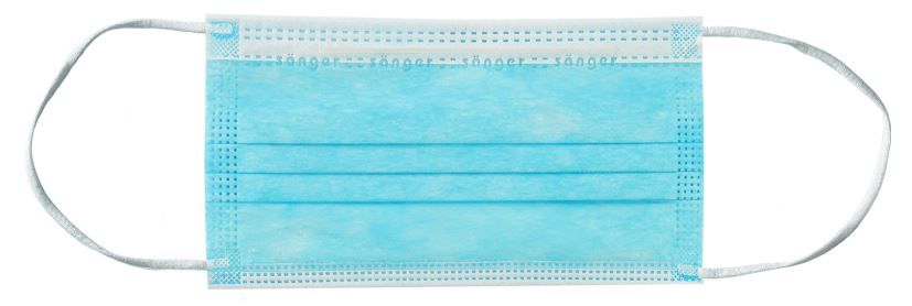 Alt-Text (Deutsch):  
Blauer medizinischer Mundschutz mit elastischen Ohrschlaufen.