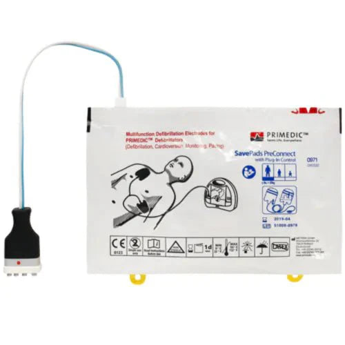 **Alt-Text (German):**  
Primedic AED Elektroden SavePads für schnelle Defibrillationseinsätze