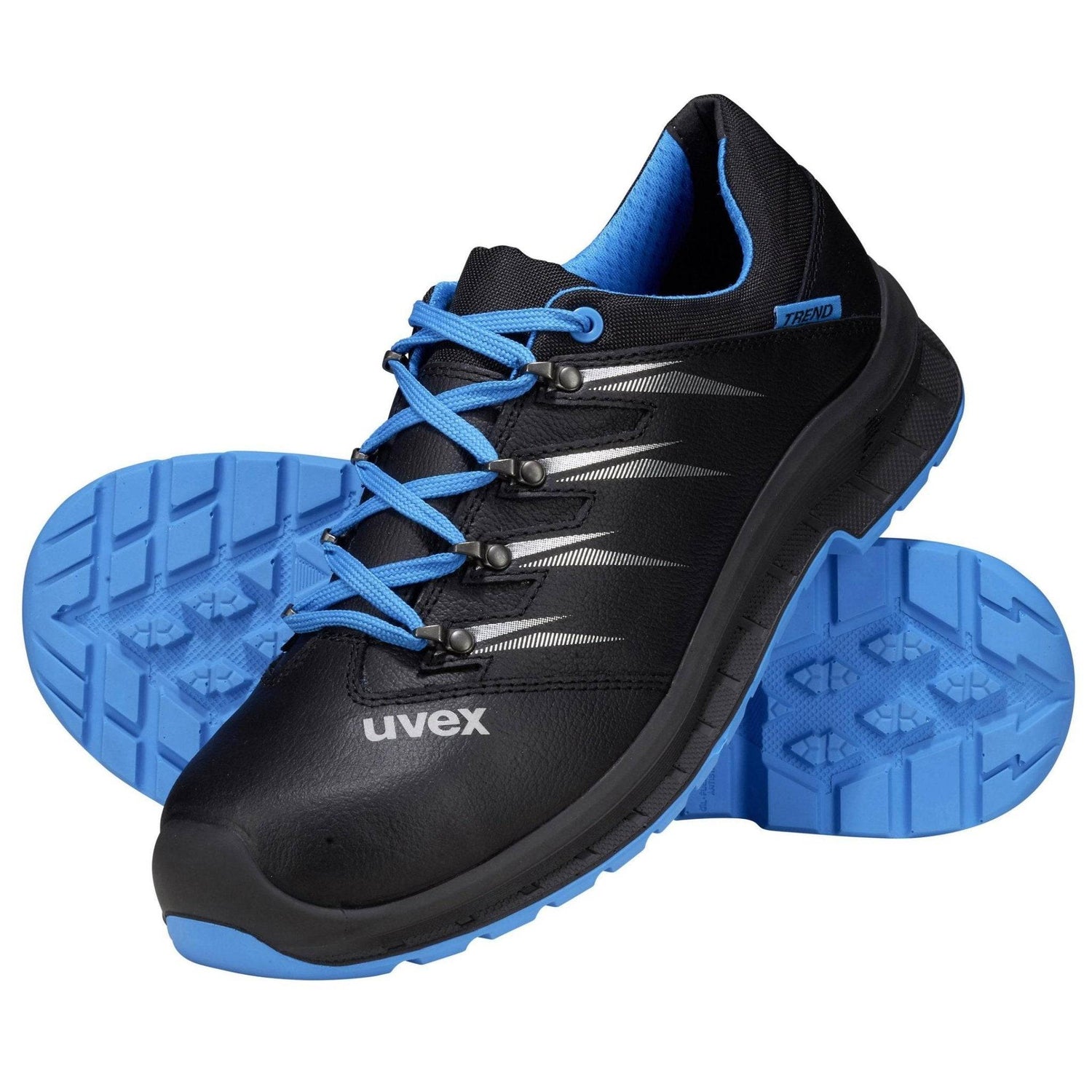 Alt-Text (Deutsch):  
Moderner Sicherheitsschuh Halbschuh mit rutschfester blauer Sohle.