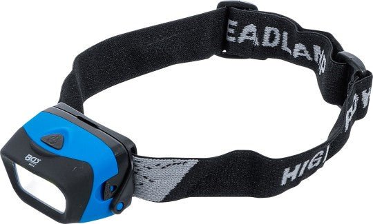**Alt-Text (Deutsch):**  
Leistungsstarke Stirnlampe mit verstellbarem Kopfband in Blau-Schwarz.