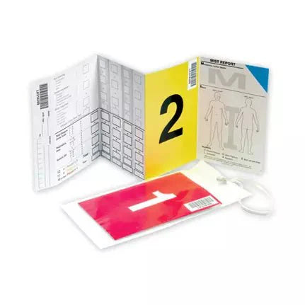 **Alt-Text (German):**  
Triage-Set mit farbcodierten Karten und Patientenbericht zur Notfallversorgung.
