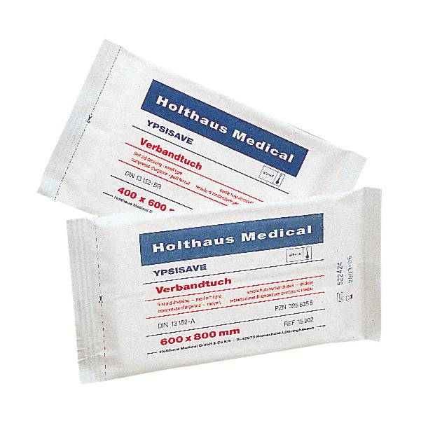 Alt-Text (Deutsch):  
Sterile Verbandtücher von Holthaus Medical in verschiedenen Größen.