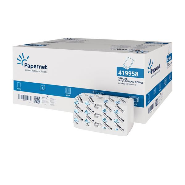 Alt-Text (Deutsch):  
Papernet Falthandtücher V-Fold, weiß, hygienisch und effizient verpackt.