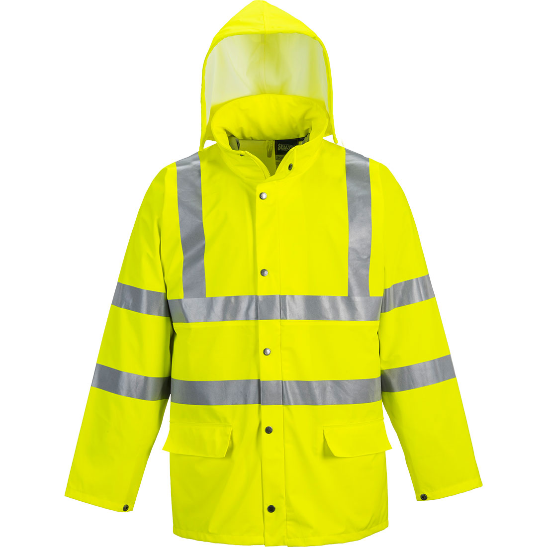 Alt-Text (Deutsch): Leuchtend gelbe Warnschutzjacke mit reflektierenden Streifen