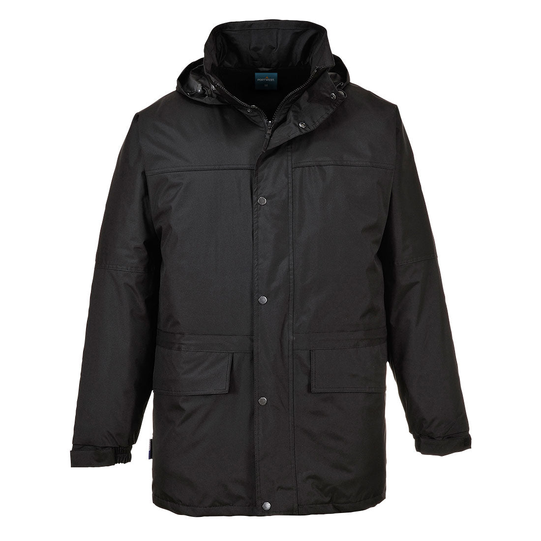 Alt-Text (Deutsch):  
Wasserabweisende schwarze Winterjacke mit Kapuze und Taschen.