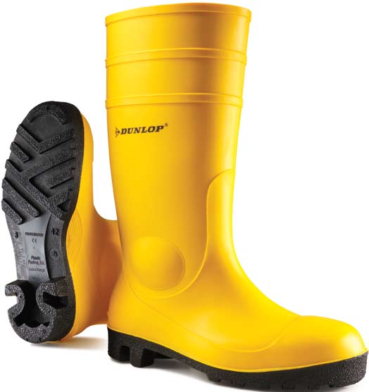 Alt-Text (Deutsch):  
Leuchtend gelbe Dunlop Sicherheits-Gummistiefel mit rutschfester Sohle.