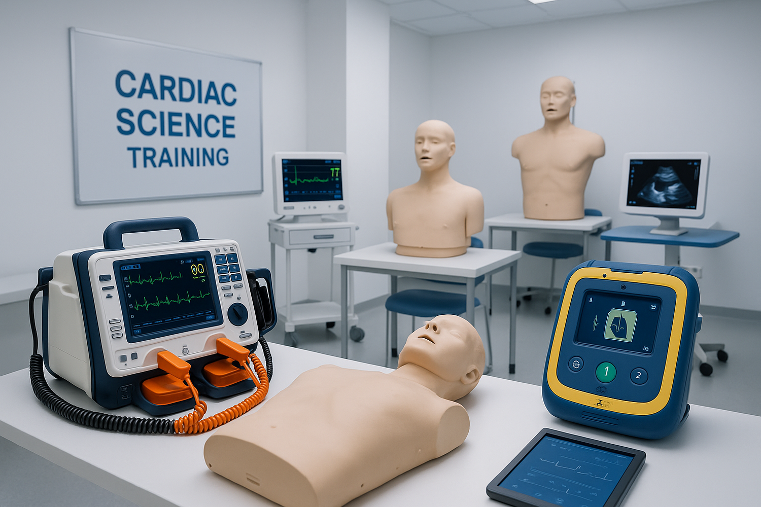 Alt-Text (Deutsch):Cardiac Science Trainingsgeräte mit Defibrillatoren und Übungspuppen