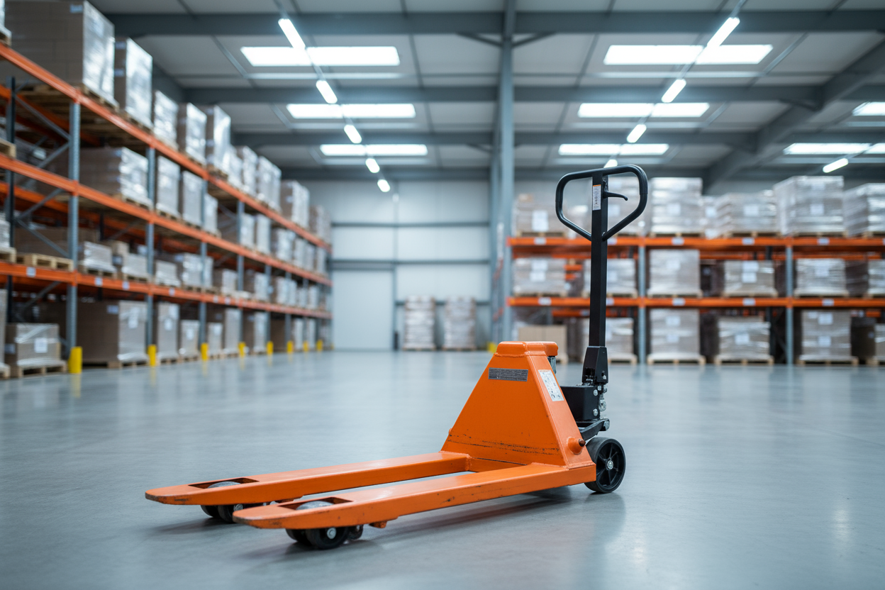 Alt-Text (German):  
Robuster Hubwagen für innerbetrieblichen Transport im Lagerbetrieb