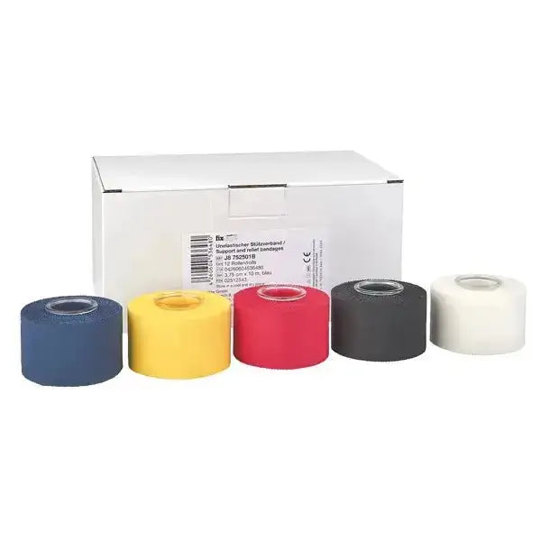 Alt-Text (Deutsch):  
Stützverband Tape in Blau, Gelb, Rot, Schwarz und Weiß vor Verpackung.