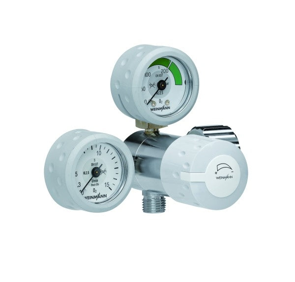 Alt-Text (Deutsch):  
Präziser Druckminderer für Sauerstoff mit Manometern von WEINMANN.