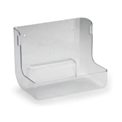 Alt-Text (Deutsch): Transparenter Wandhalter für AED-Geräte aus robustem Kunststoff.