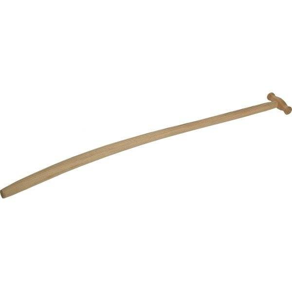 Dieses Bild zeigt einen gebogenen Schaufelstiel aus Holz mit einem T-Griff am oberen Ende. Der Stiel ist glatt verarbeitet und für den Einsatz mit Schaufelblättern vorgesehen.