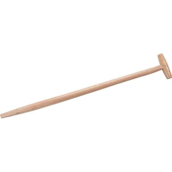 Das Bild zeigt einen Holz-Spatenstiel mit T-Griff. Der Stiel ist aus hellem, glattem Holz gefertigt und verjüngt sich am unteren Ende, um in ein Spatenblatt eingesetzt zu werden. Der T-Griff am oberen Ende bietet besseren Halt und Kontrolle beim Graben. 