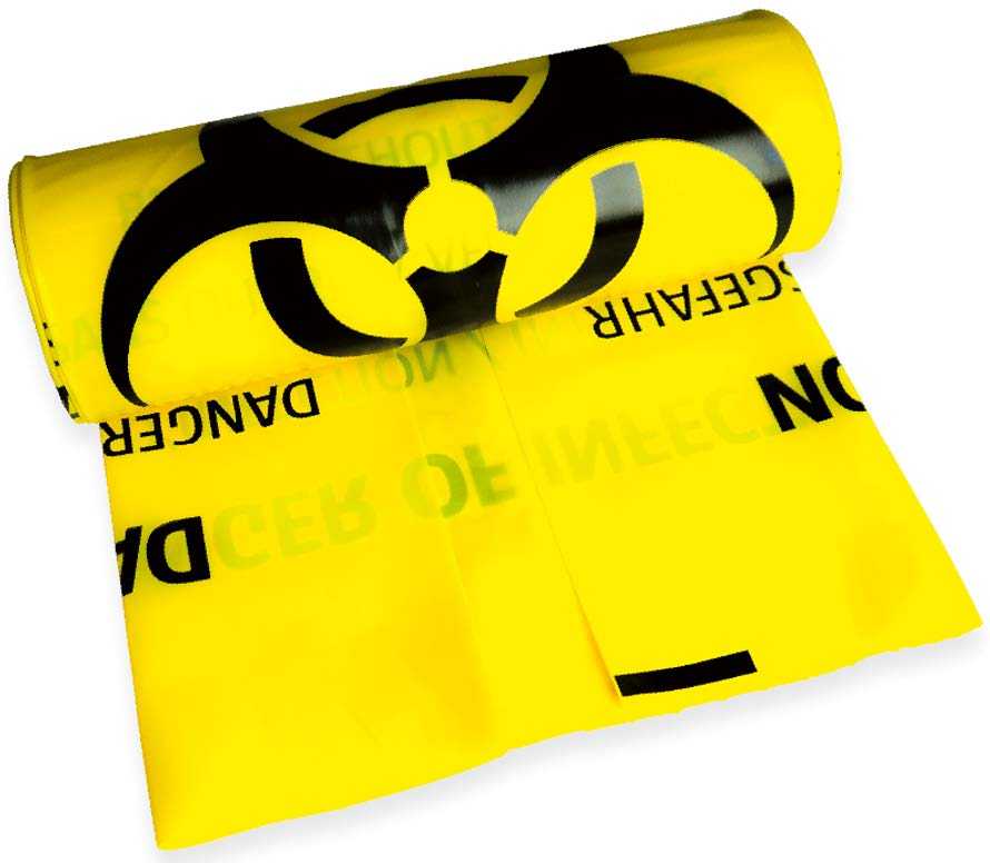 Rolle mit gelben Biohazard-Entsorgungsbeuteln 70l, bedruckt mit Warnsymbol, geeignet für medizinische Abfälle laut DGUV 203-084.