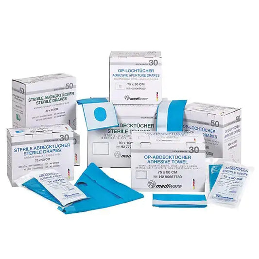 Sterile Abdecktücher Mediware in verschiedenen Größen und Verpackungseinheiten für den medizinischen Einsatz. Ideal zur OP-Feldbegrenzung.