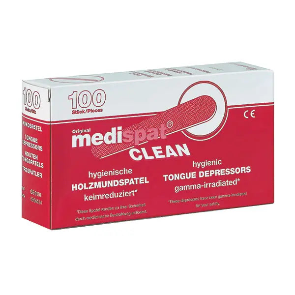 Verpackung der Holzmundspatel Medispat Clean 100 Stück, hygienisch und keimreduziert durch Gamma-Bestrahlung, ideal für medizinische Zwecke.