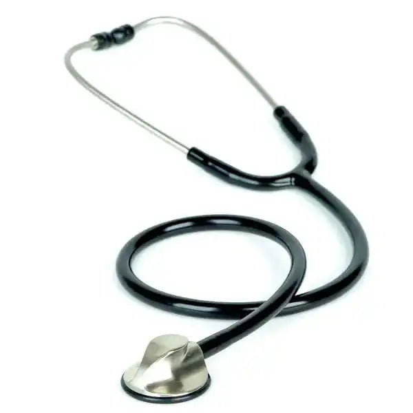 Nahaufnahme des Edelstahl-Stethoskops mit schwarzem Schlauch, flexible Röhre und Ohrbügel, ideal für medizinische Diagnosen