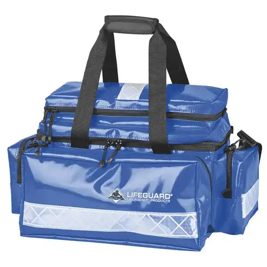 LifeBOX Notfalltasche Profi II leer in Blau mit reflektierenden Streifen, ideal für den professionellen Erste-Hilfe-Einsatz, 40L Volumen.