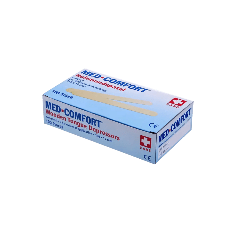Verpackung der Holzmundspatel Erwachsene - Holz Zungenspatel | 100 Stück von Med-Comfort, unsteril, naturfarben für medizinische Diagnostik.