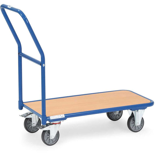 Magazinwagen 300 kg Tragkraft Stahlrohr Schweißkonstruktion mit Holzladefläche und blauer Pulverbeschichtung für Lager und Werkstatt.