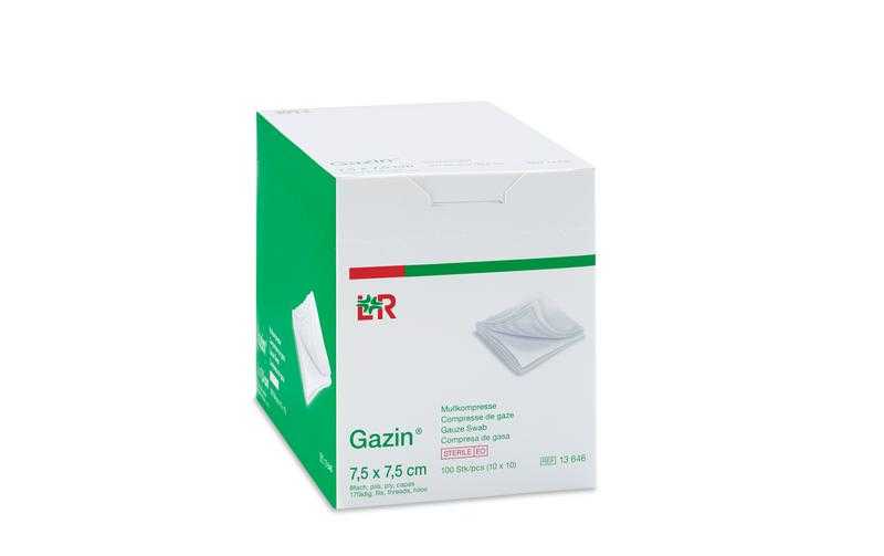 Verpackung der Gazin Mullkompresse steril 7,5 x 7,5 cm für professionelle Wundversorgung in Kliniken und Praxen.
