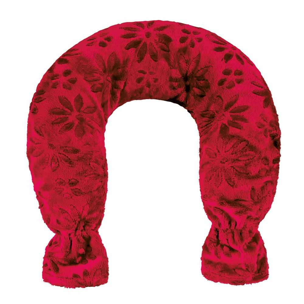 Rote Nackenwärmflasche mit floraler Struktur im Strickbezug, ideal zur Entspannung und Wärmetherapie im Schulterbereich. Jetzt kaufen.