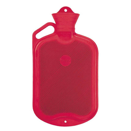Rote Wärmflasche Naturgummi 2,0L mit Griff, beidseitig glatt und auslaufsicher für Wärmebehandlungen im Gesundheitsbereich.