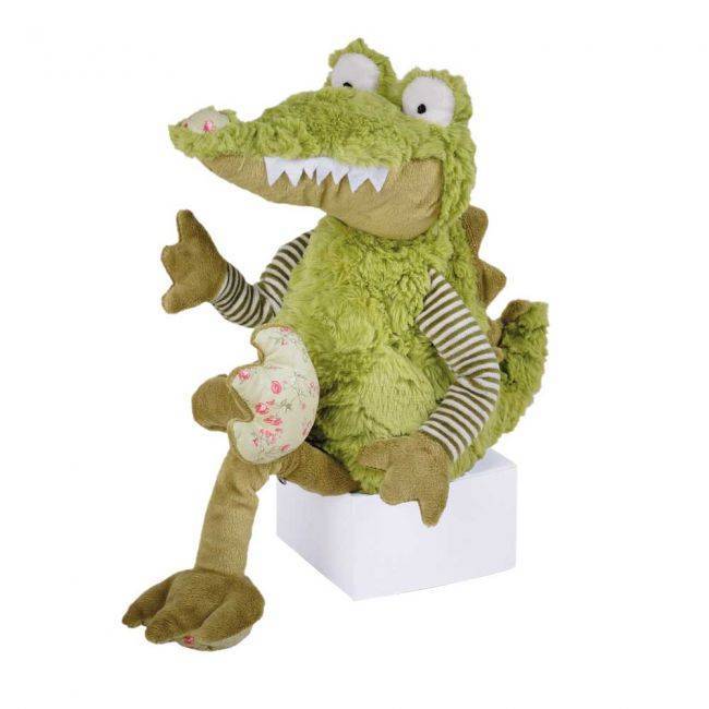Grünes Plüschkrokodil mit Kirschkernfüllung von medasi.shop – wärmendes Kuscheltier für Kinder mit lustigem Design.