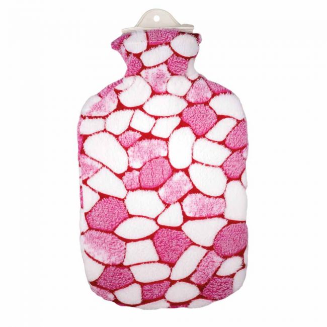 Wärmflasche 2,0 Liter mit Plüschbezug in rosa-weißem Mosaikmuster, perfekt für gemütliche Wärme an kalten Tagen.