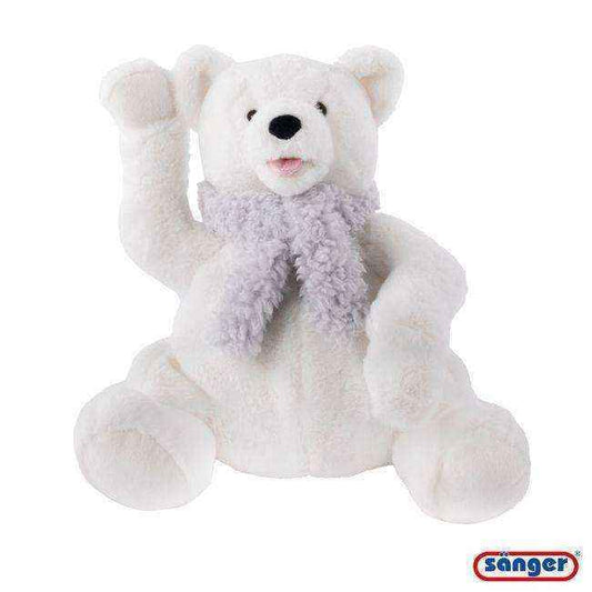 Wärmflasche 0,8 Liter als Plüschtier-Schnuffeltier in Form eines weißen Bären mit Schal und weichem Bezug.