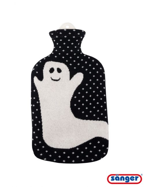 Schwarze Wärmflasche Gummi 2,0 Liter mit Strickbezug aus Baumwolle und Geistermotiv, perfekt für Kinder und Halloween.