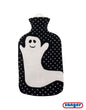 Schwarze Wärmflasche Gummi 2,0 Liter mit Strickbezug aus Baumwolle und Geistermotiv, perfekt für Kinder und Halloween.