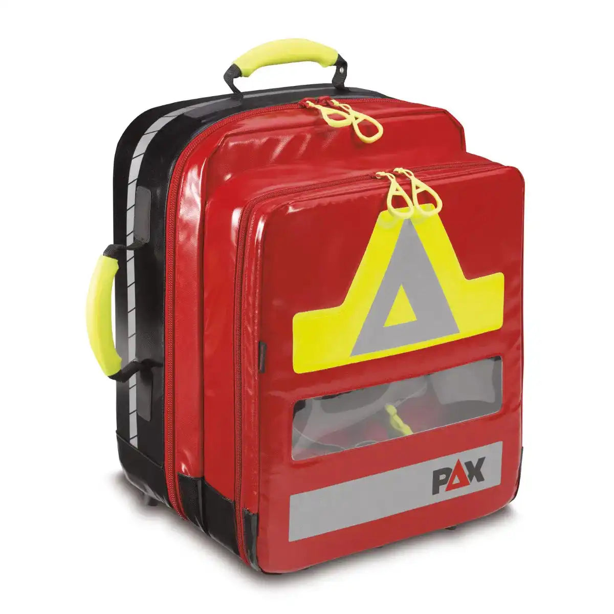 Notfallrucksack PAX Feldberg mit AED-Fach in Rot mit reflektierenden Elementen, ideal für Erste-Hilfe-Einsätze und leicht zu reinigen.