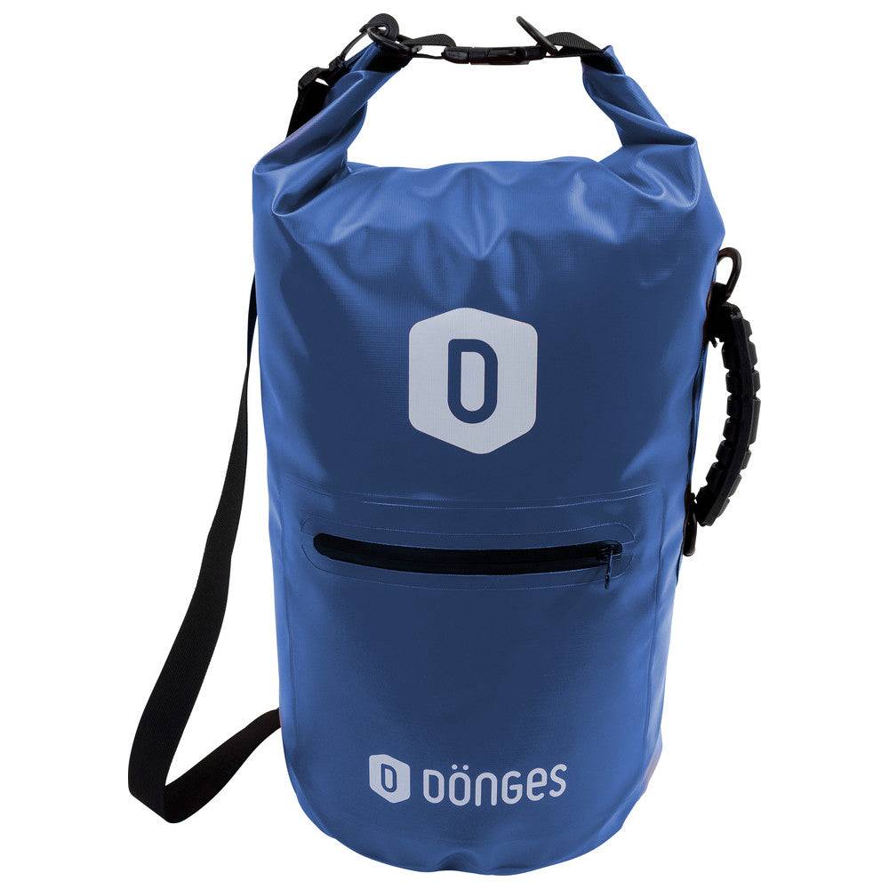 Blauer Dönges Packsack Seal-D, 15 l, wasserdicht mit Frontreißverschluss und Schultergurt, perfekt für Notfalltaschen und Outdoor-Gepäck.