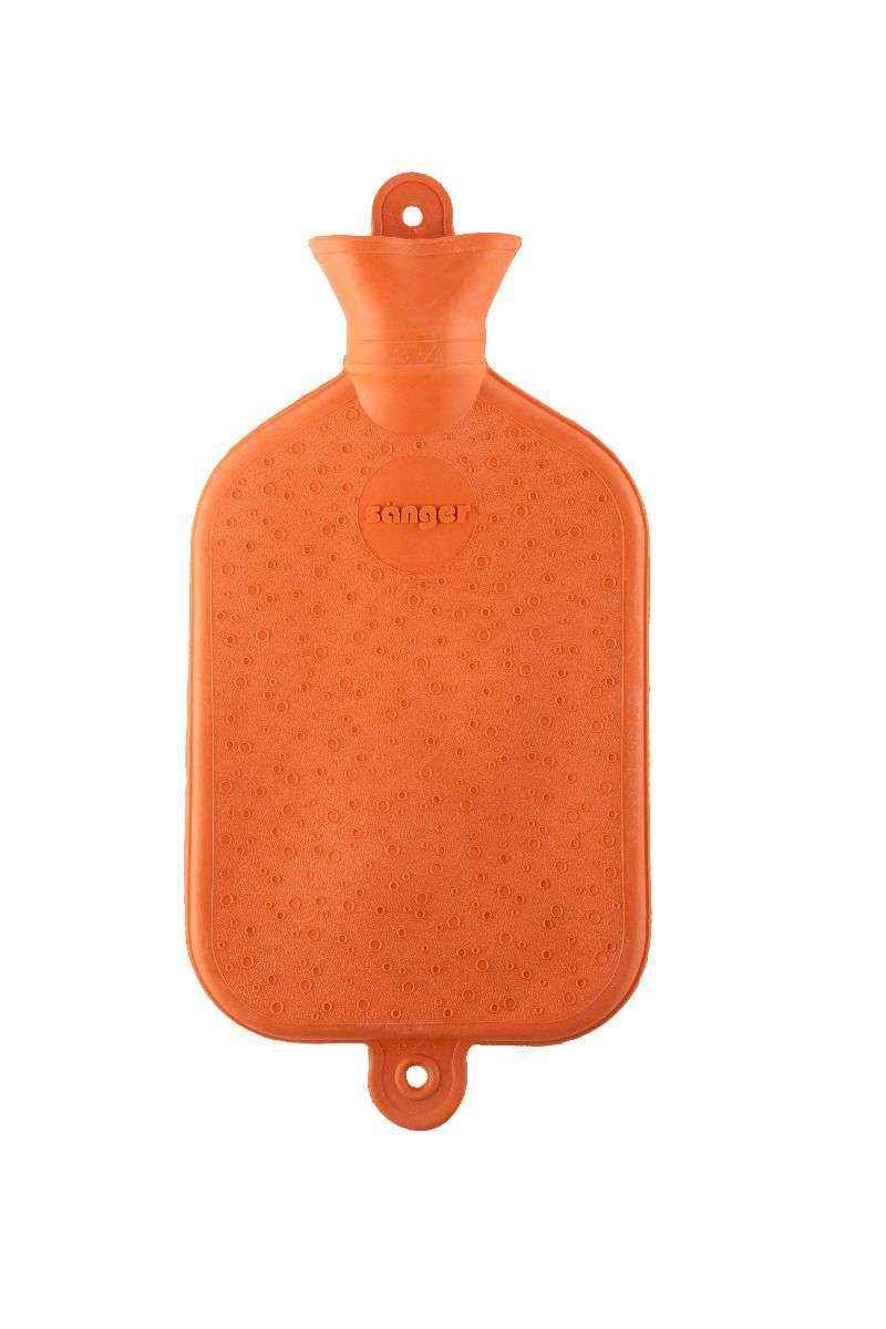 Orangefarbene Wärmflasche aus Naturgummi 1,5L mit Schraubverschluss, ideal für sichere und nachhaltige Wärmetherapie im Gesundheitsbereich.