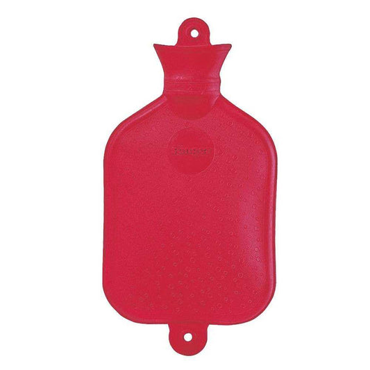 Rote Naturgummi Wärmflasche 1,5L mit strukturierter Oberfläche und sicherem Schraubverschluss – energiesparend und ISO-zertifiziert.