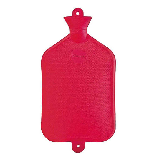 Rote Naturgummi Wärmflasche 1,5L mit strukturierter Oberfläche, auslaufsicher und ISO-zertifiziert für energiesparende Wärmebehandlung.