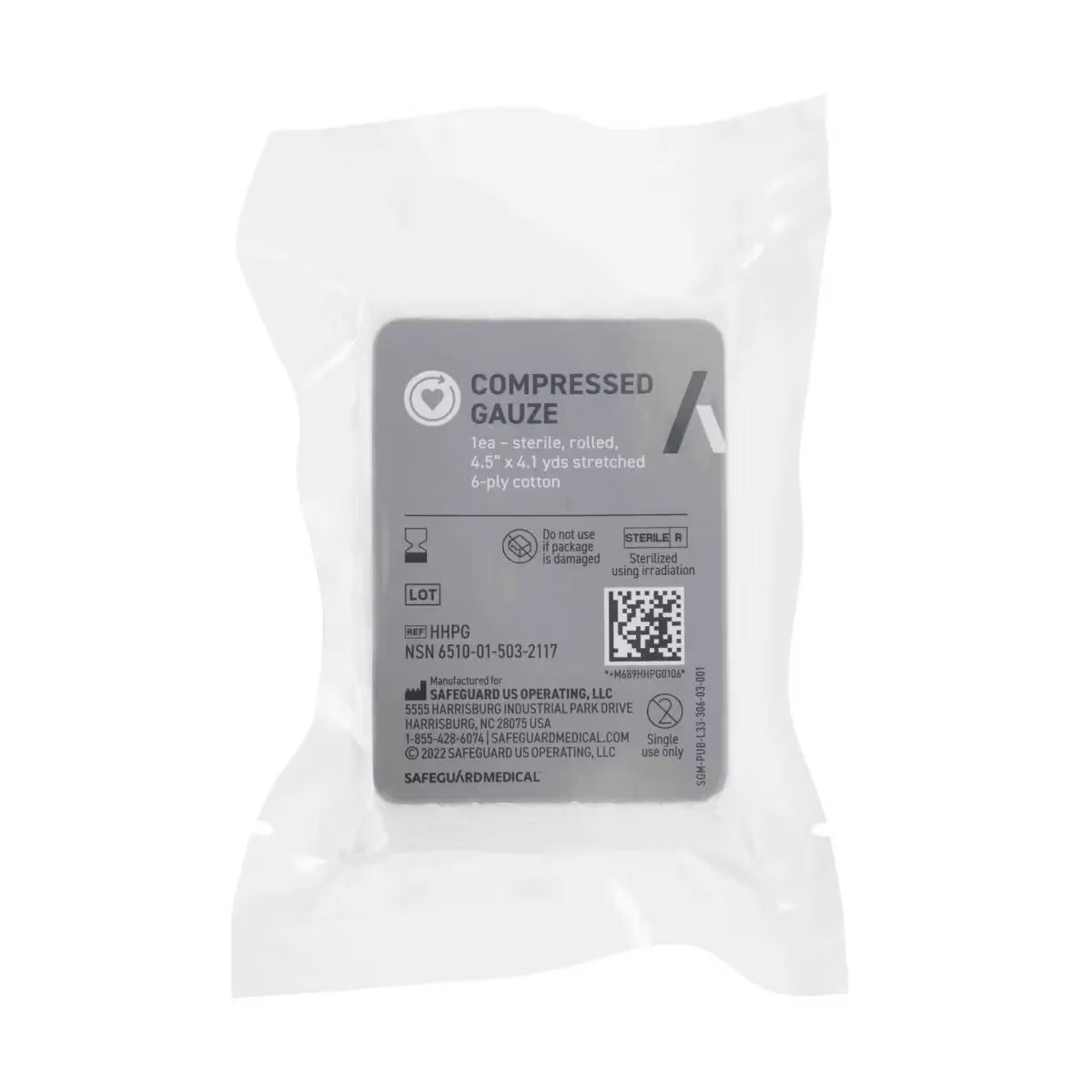 Vakuumverpackte H&H Compressed Gauze – sterile Notfallgaze für Woundpacking, ideal für Erste Hilfe und taktische Medizin.