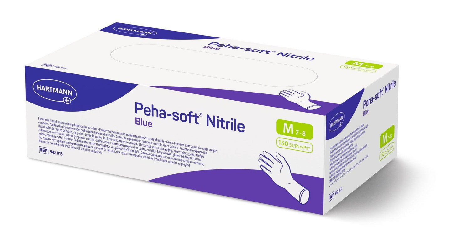 Verpackung der Peha-soft® Nitrile blue Einmalhandschuhe PK100 in Größe M, latexfrei, puderfrei, für medizinische Anwendungen geeignet.