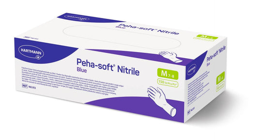 Verpackung der Peha-soft® Nitrile blue Einmalhandschuhe PK100 in Größe M, latexfrei, puderfrei, für medizinische Anwendungen geeignet.