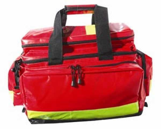 Notfalltasche Traumabag aus rotem Planmaterial mit schwarzen Tragegriffen und gelbem Reflektorstreifen, ideal für Erste-Hilfe-Einsätze.