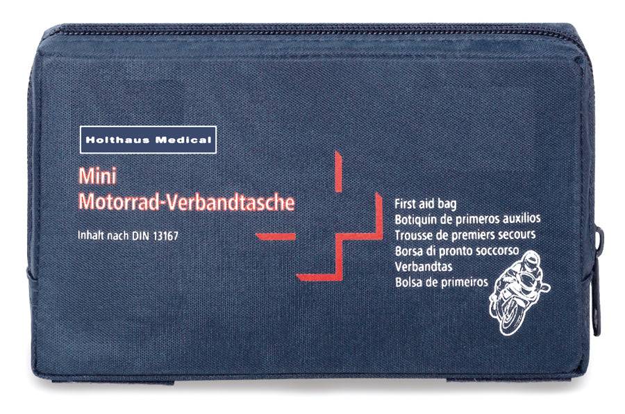 Kompakte Verbandtasche Motorrad Mini von Holthaus Medical nach DIN 13167, ideal für Erste-Hilfe unterwegs, mit robustem Reißverschluss.